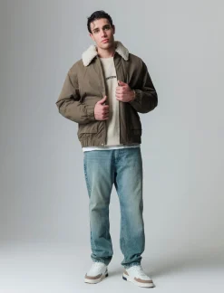 Piazza Italia Giubbotto imbottito a collo in pelliccia sintetica rimovibile - kaki Verde Store