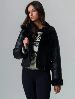 Piazza Italia Giubotto modello chiodo in finto sued con interno in shearling - Nero New