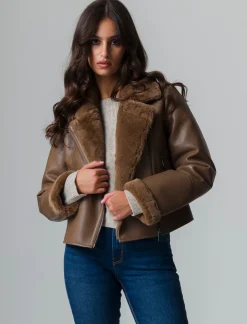 Piazza Italia Giubotto modello chiodo in finto sued con interno in shearling - tortora Grigio Store
