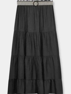 Piazza Italia Gonna viscosa a balze con elastico in vita e cintura - Nero Fashion