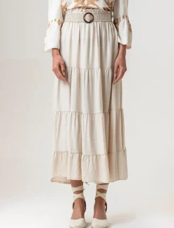 Piazza Italia Gonna viscosa a balze con elastico in vita e cintura - Beige Sale