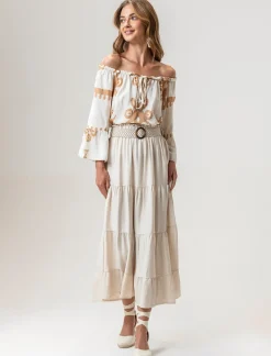 Piazza Italia Gonna viscosa a balze con elastico in vita e cintura - Beige Sale