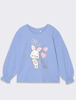 Piazza Italia Maglia girocollo e manica lunga, con elastici e rouches ai polsi con stampa frontale - Azzurro Store