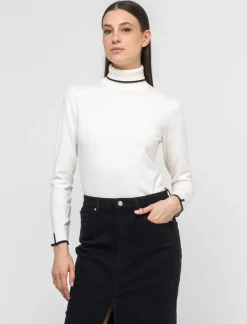 Piazza Italia Maglia a collo alto con dettaglio a contrasto su collo e polsini - Avorio Beige Discount