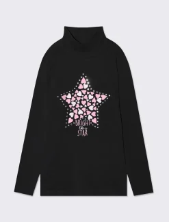 Piazza Italia Maglia a collo alto in cotone elasticizzato e stampe frontali con strass adesivi decorativi - Nero Sale