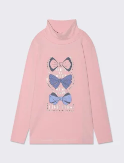 Piazza Italia Maglia a collo alto in cotone elasticizzato e stampe frontali con strass adesivi decorativi - Rosa Outlet