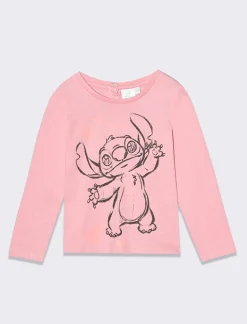 Piazza Italia Maglia a girocollo a manica lunga, in cotone, con stampa del personaggio disney Stitch - Rosa Clearance