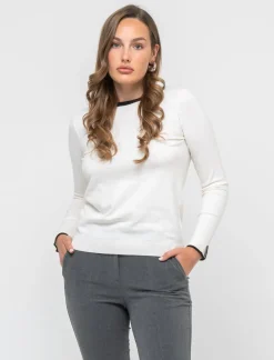 Piazza Italia Maglia a girocollo in maglia fine con contrasto su bordo scollo e polso - Avorio Beige Store
