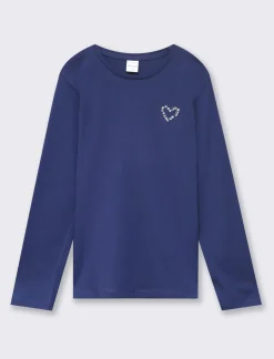 Piazza Italia Maglia a manica lunga in cotone con applicazioni strass - Blu Flash Sale