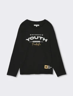 Piazza Italia Maglia a maniche lunghe in jersey fiammato con stampa frontale, in quattro colori - Nero Flash Sale