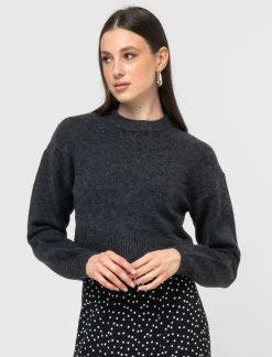 Piazza Italia Maglia crop manica lunga giro collo con spalla a T - Antracite melange Grigio New