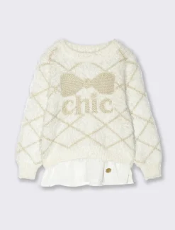 Piazza Italia Maglia da bambina con disegno rombi e ricamo di paillettes con charm e rouches - Bianco sporco Outlet