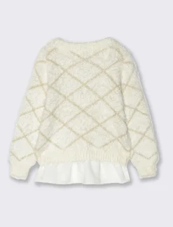 Piazza Italia Maglia da bambina con disegno rombi e ricamo di paillettes con charm e rouches - Bianco sporco Outlet