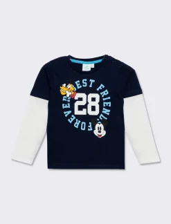 Piazza Italia Maglia girocollo e manica lunga, in cotone, con doppia manica e stampa Disney.  - Blu Outlet