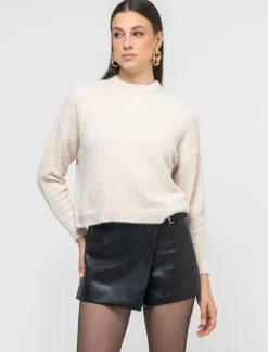 Piazza Italia Maglia girocollo e manica lunga taglio crop tessuto effetto pelliccia - Avorio Beige Store