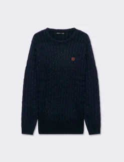 Piazza Italia Maglia girocollo lavorazione a trecce con ricamo sul petto, regular fit - Blu Sale