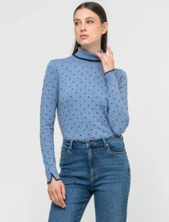 Piazza Italia Maglia in morbido filato collo alto a con motivo floccato stampato - Celeste Azzurro Discount