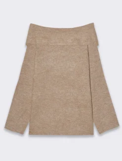 Piazza Italia Maglia manica lunga scollo risvoltato e spalle scoperte con vestibilità comoda - Cammello Online