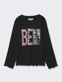 Piazza Italia Maglia maniche lunghe con orlo ondulato e stampa frontale effetto lucido - Nero Best