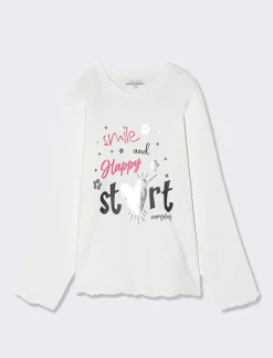 Piazza Italia Maglia maniche lunghe con orlo ondulato e stampa frontale effetto lucido - sporco Bianco Hot