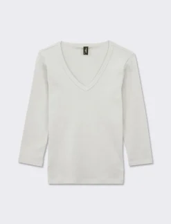Piazza Italia Maglietta basic scollo a V manica lunga in cotone a costina - latte Bianco New