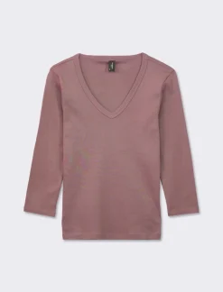 Piazza Italia Maglietta basic scollo a V manica lunga in cotone a costina - malva Viola Fashion