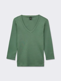 Piazza Italia Maglietta basic scollo a V manica lunga in cotone a costina - foresta Verde New