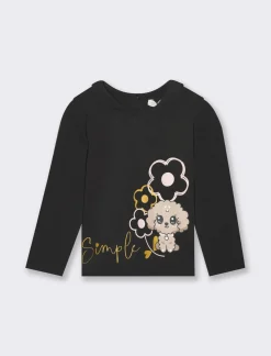 Piazza Italia Maglietta con colletto e manica lunga, in jersey mano calda e stampa frontale - Nero Clearance