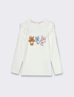 Piazza Italia Maglietta con stampa e rouches alle maniche - panna Bianco Hot