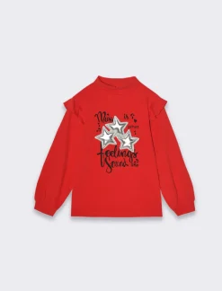 Piazza Italia Maglietta da bambina con rouches sulle spalle, stampa frontale e patch puff a stella - Rosso Cheap