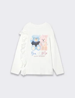 Piazza Italia Maglietta da bambina in cotone elasticizzato con rouches laterale - Bianco sporco Cheap