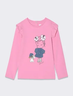 Piazza Italia Maglietta da neonata a manica lunga con inserti di rouches alle spalle e stampa con applicazioni - Rosa Shop