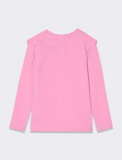 Piazza Italia Maglietta da neonata a manica lunga con inserti di rouches alle spalle e stampa con applicazioni - Rosa Shop