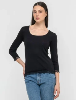 Piazza Italia Maglietta manica lunga a costina con pizzo e motivo floreale - Nero Hot