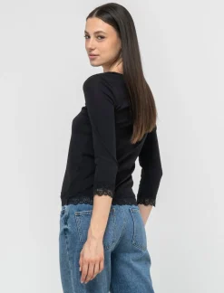 Piazza Italia Maglietta manica lunga a costina con pizzo e motivo floreale - Nero Hot