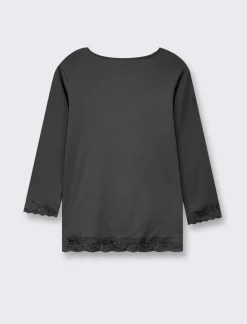 Piazza Italia Maglietta manica lunga a costina con pizzo e motivo floreale - Nero Hot
