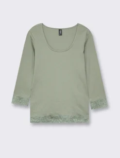 Piazza Italia Maglietta manica lunga a costina con pizzo e motivo floreale - foresta Verde Shop