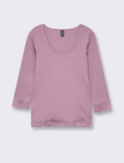 Piazza Italia Maglietta manica lunga a costina con pizzo e motivo floreale - malva Viola Fashion