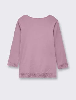 Piazza Italia Maglietta manica lunga a costina con pizzo e motivo floreale - malva Viola Fashion
