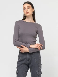 Piazza Italia Maglietta manica lunga in tessuto elastico a costine - piombo Grigio Flash Sale