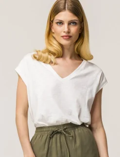 Piazza Italia Maglietta mezza manica in tessuto slub di cotone scollo a V - latte Bianco Best Sale