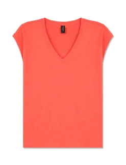 Piazza Italia Maglietta mezza manica in tessuto slub di cotone scollo a V - Corallo Arancione Flash Sale