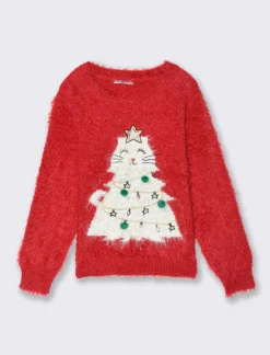 Piazza Italia Maglione girocollo morbido effetto peloso da bambina con ricami patch e pon pon - Rosso Outlet