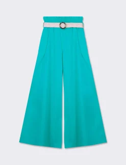 Piazza Italia Pantalone cotone con elastico in vita e cinura - acqua Verde Online