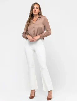 Piazza Italia Pantalone flare in punto milano con bustino elastico - Avorio Beige Clearance