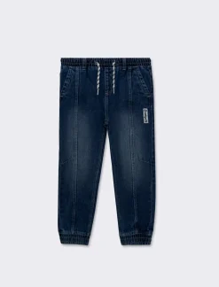 Piazza Italia Pantalone in denim modello jogger con lacci in vita e stampa sul dietro - DENIM SCURO Blu Fashion