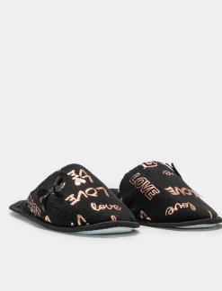 Piazza Italia Pantofola in tessuto con scritte a love - Nero Clearance
