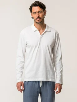 Piazza Italia Polo derby con colletto classico a rever in puro cotone slub a maniche lunghe - Bianco Store