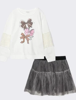 Piazza Italia Set da bambina composto da felpa girocollo e gonna in tulle stampato pie de poul - sporco Bianco Discount