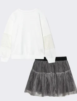 Piazza Italia Set da bambina composto da felpa girocollo e gonna in tulle stampato pie de poul - sporco Bianco Discount